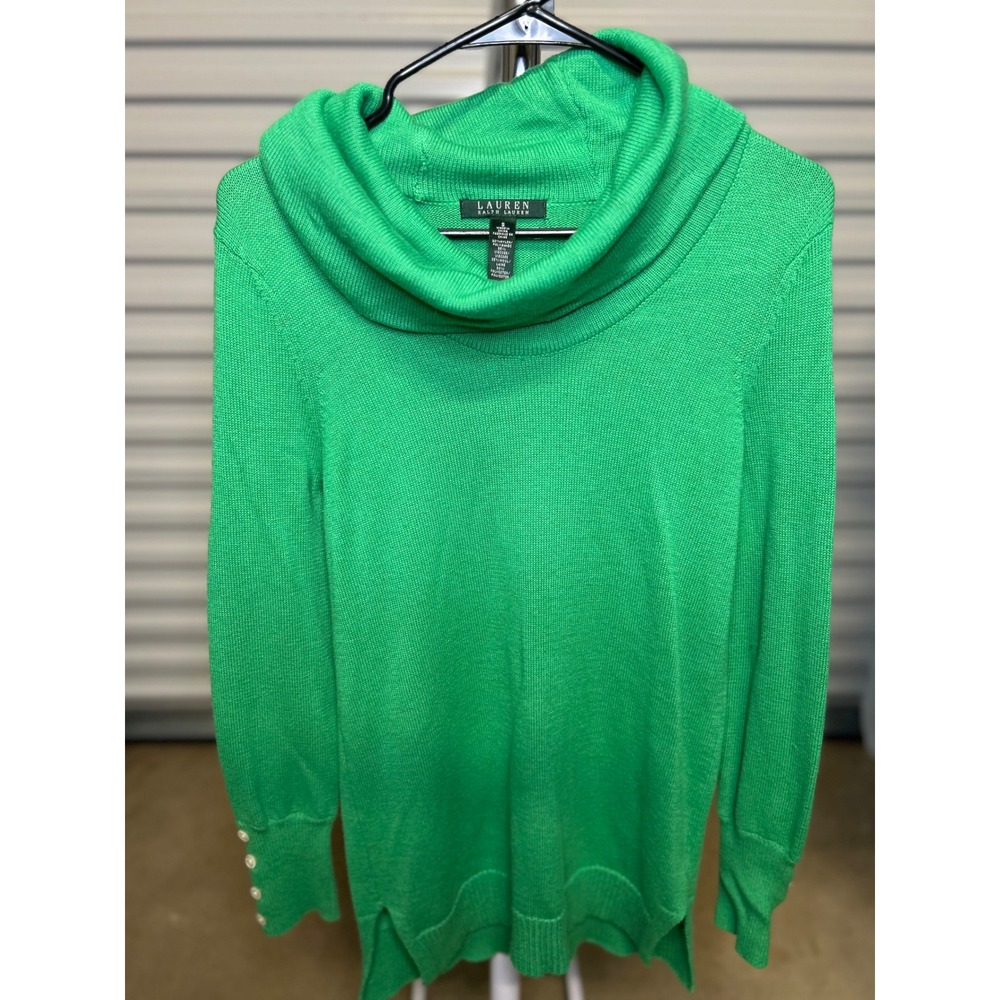Lauren Ralph Lauren Sweater Women S Green Cowl Neck Button Cuff Wool Blend Knit